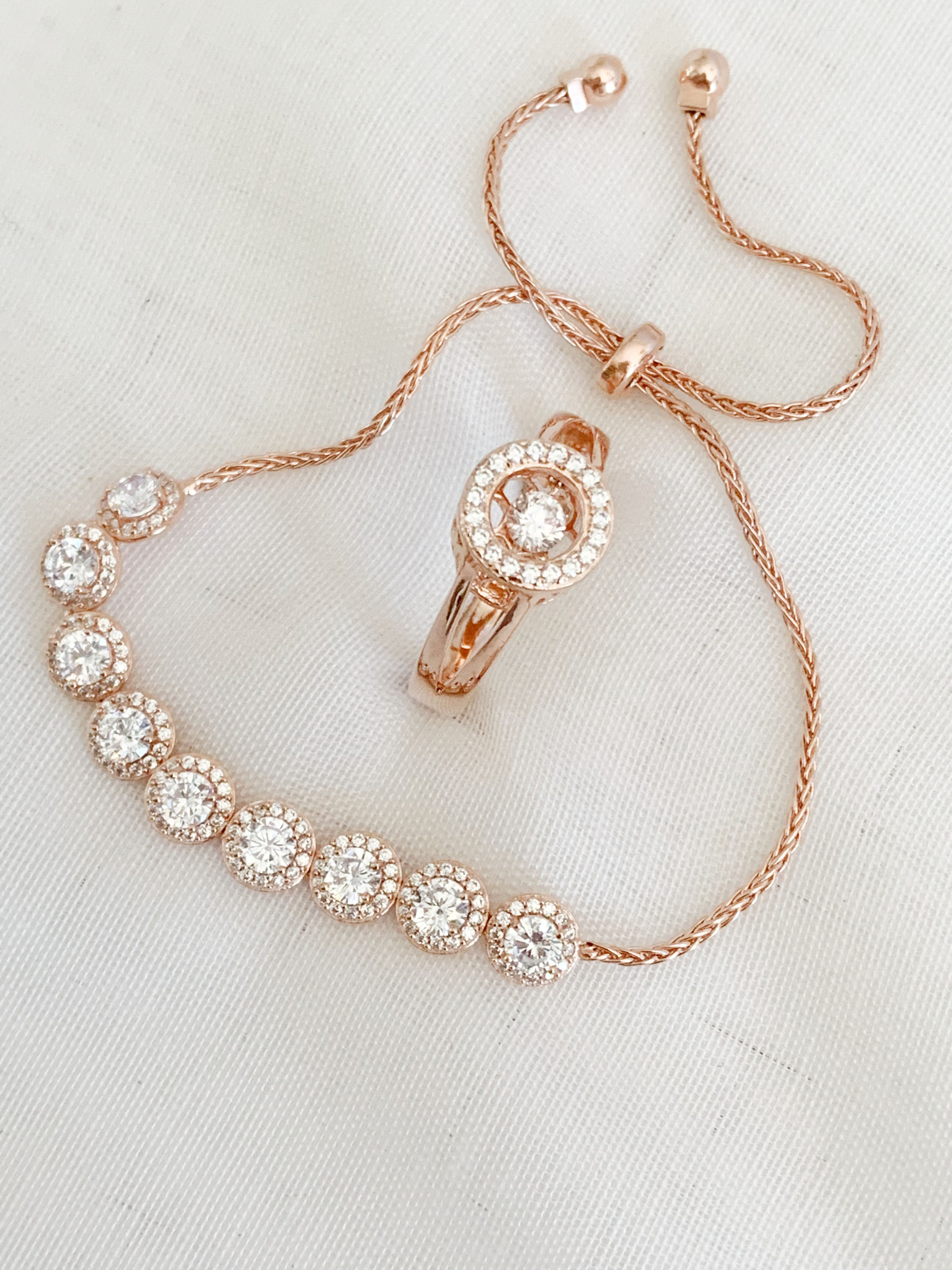 Rose Gold Tennis Bracelet and Ring with Rhinestones