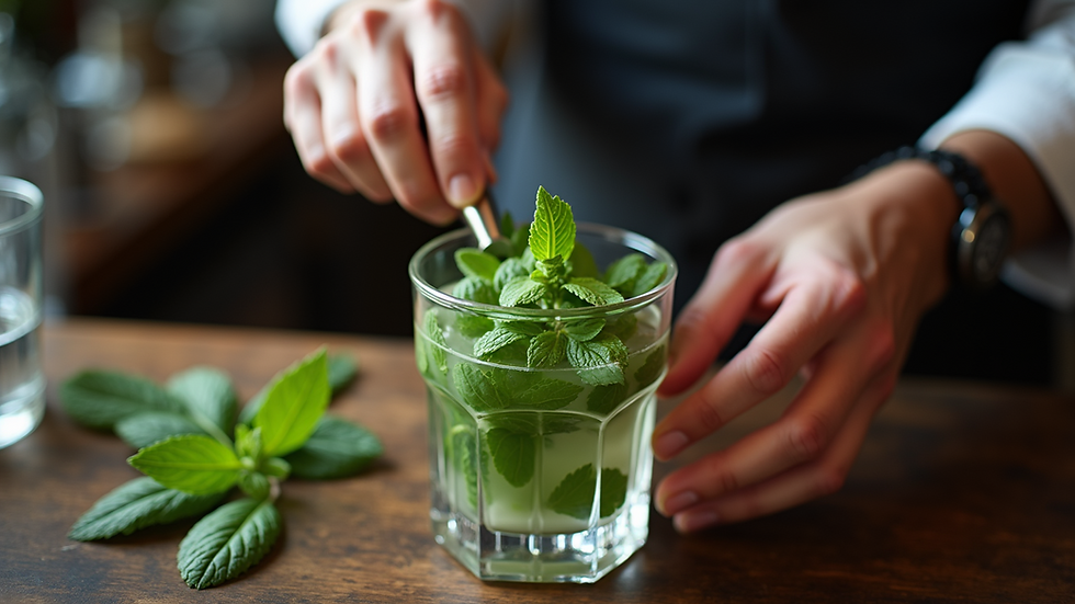 High angle view of bartender muddling fresh mint leaves in a glass