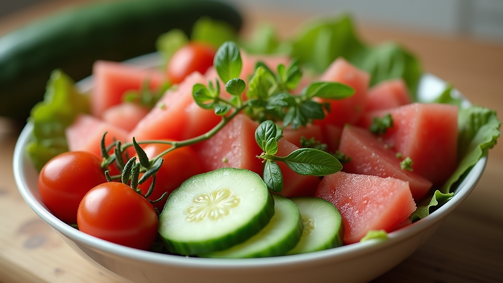 Close-up view of a vibrant salad bowl filled with cucumbers, tomatoes, and watermelon