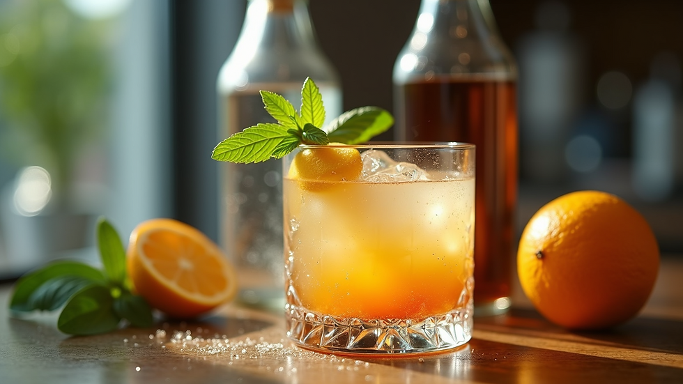 Close-up view of a cocktail garnished with fresh herbs and citrus slices