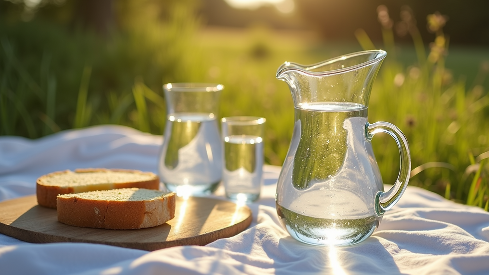 High angle view of a leisurely summer picnic setup with a water pitcher and glasses