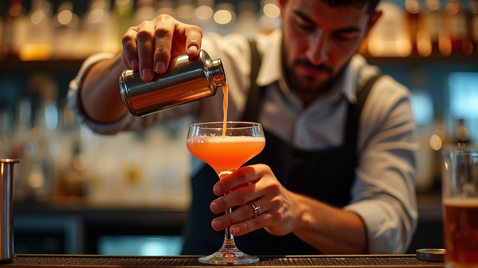 Close-up view of a bartender pouring a cocktail with precision