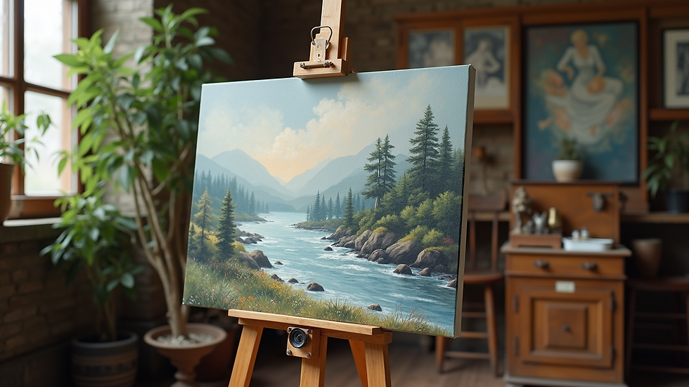 High angle view of a 24x36 inch painting on an easel