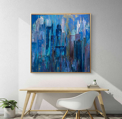 CITY BLUES - abstract cityscape in blue by Jacqueline Zoffany Art