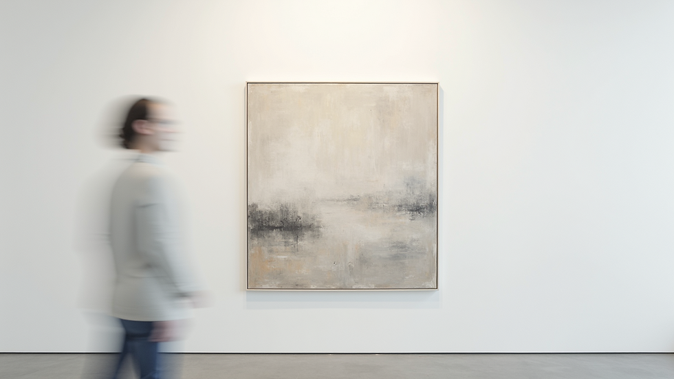 Eye-level view of a minimalist abstract painting on a white gallery wall