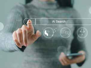 Businessman using smartphone with AI search engine bar for data search optimization by artificial intelligence technology