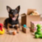 small dog with subscriotion box next to hom and dog toys all around him