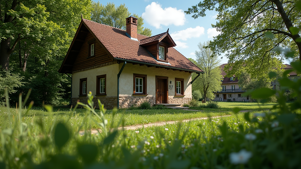 Eye-level view of a charming Bulgarian house surrounded by greenery