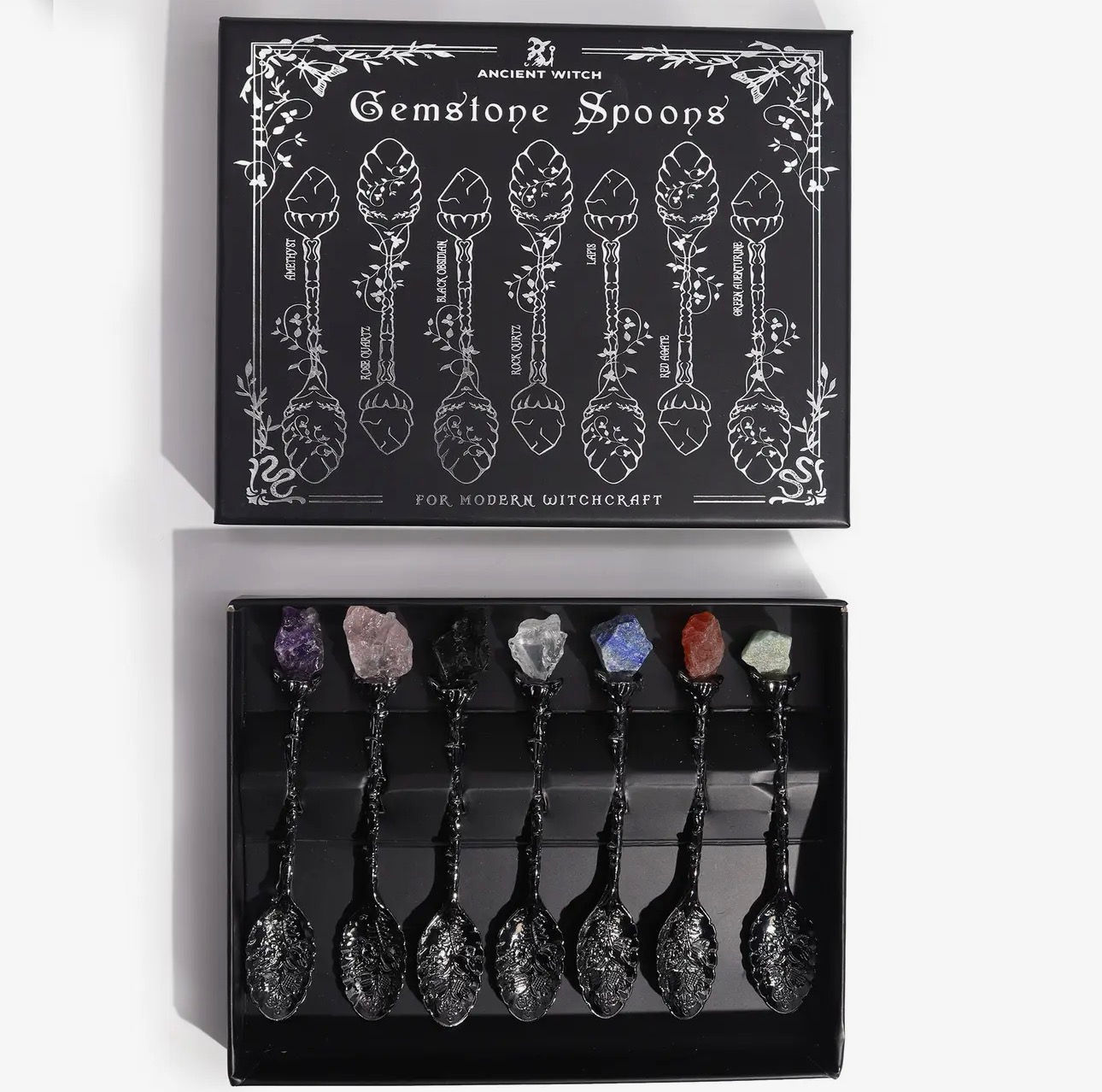 Set of 7 Dark Silver Gemstone Crystal Witch Spoons