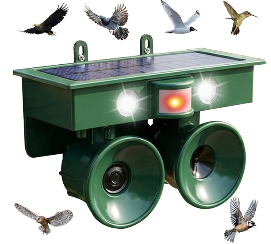 Green solar-powered bird repeller emits lights and sound. Surrounded by various flying birds. Set against a plain white background.