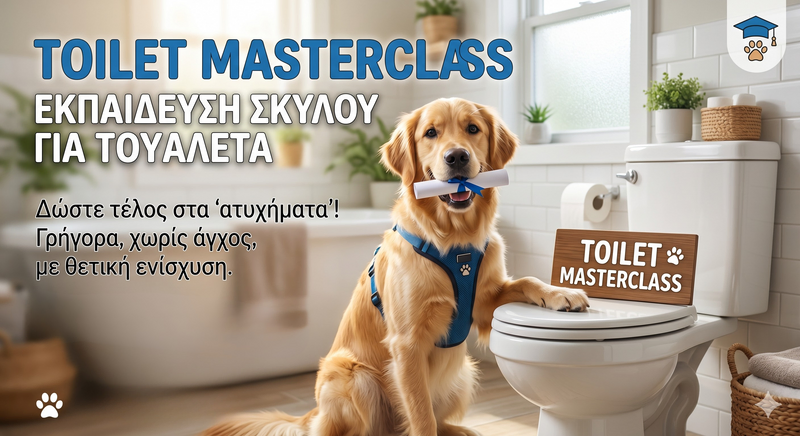  A GOLDEN RETRIVER HOLDING A DIPLOMA NEXT TO A TOILET. THE TEXTING WRITES TOILET MASTERCLASS 