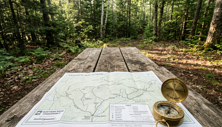 Wide-angle view of a trail map and compass on a wooden picnic table.