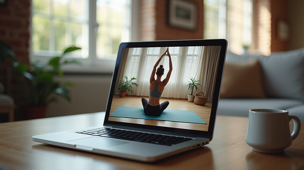 Close-up view of a laptop screen showing an online yoga class in progress
