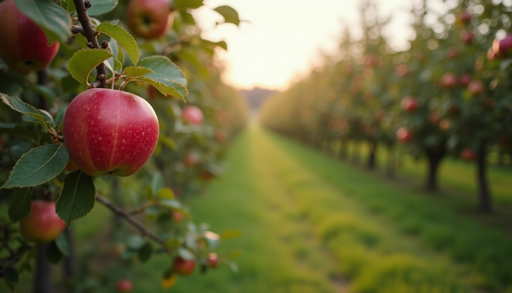 Eye-level view of apple trees laden with ripe red apples ready for picking