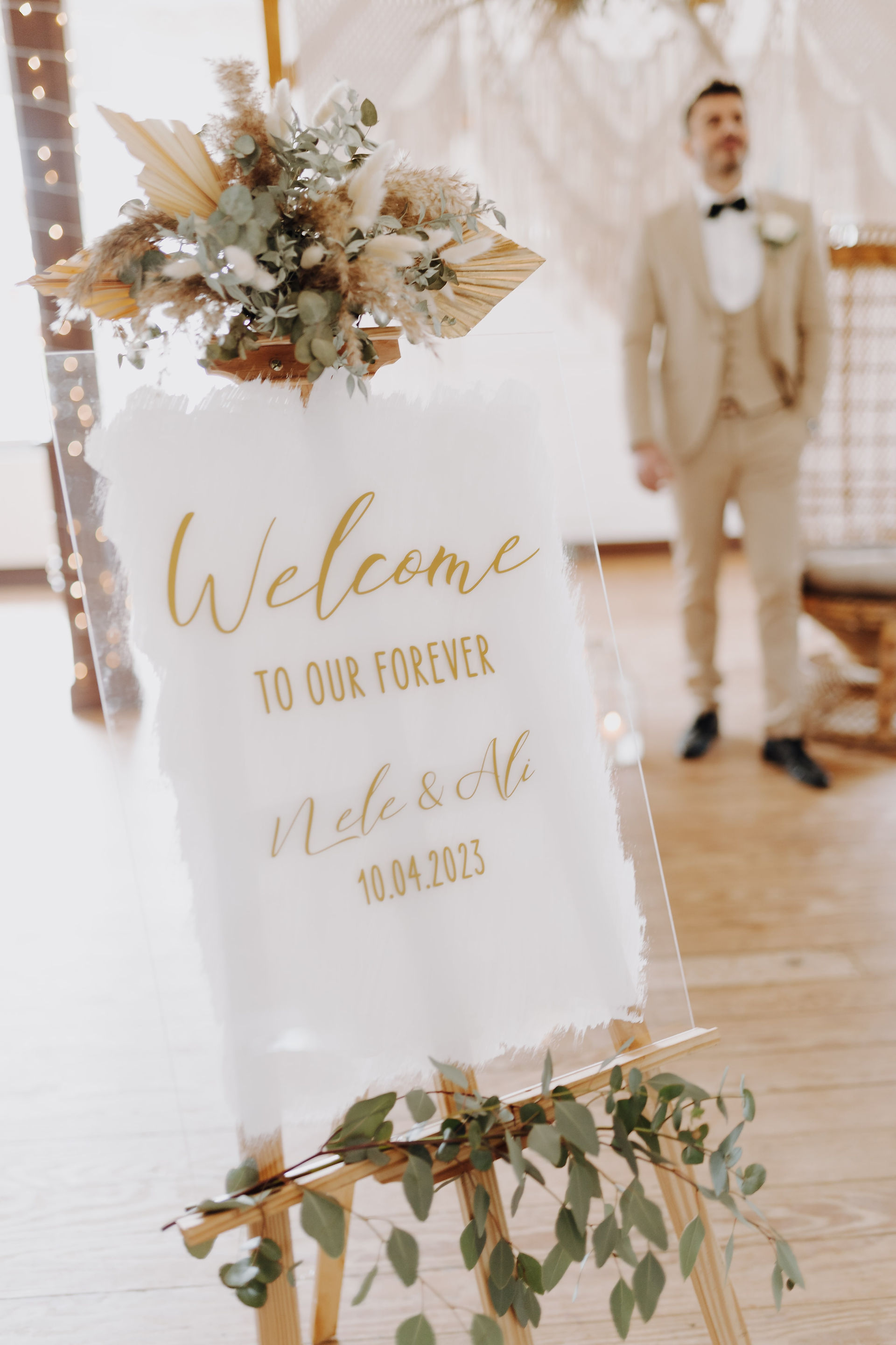 Hochzeit Boho Glam Trockenblumen Willkommensschild