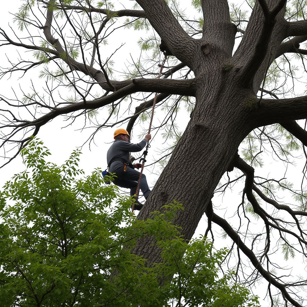 Une personne munie d'un harnais de sécurité est grimpée dans un arbre.