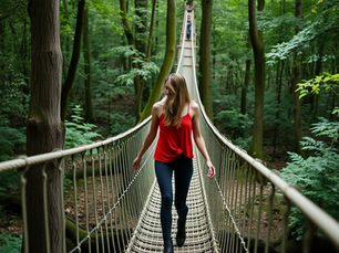 Une femme marche sur un pont de corde