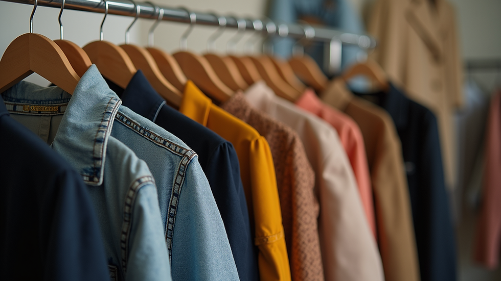 Eye-level view of a clothing rack displaying eclectic fashion pieces