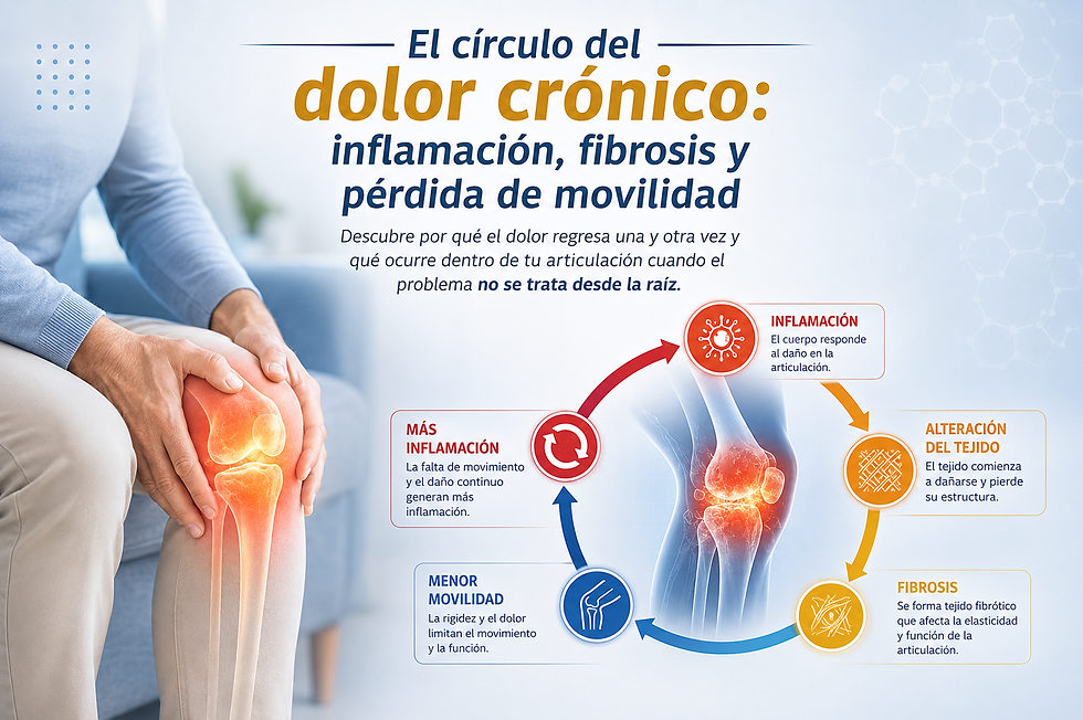 Infografía sobre el círculo del dolor crónico en la rodilla, mostrando la relación entre inflamación, fibrosis y pérdida de movilidad asociadas al desgaste articular.