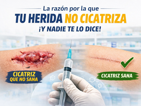 Comparación entre una cicatriz que no cicatriza y una cicatriz sana con tratamiento regenerador tisular aplicado mediante inyección en entorno farmacéutico.