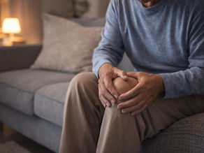 Adulto mayor sujetándose la rodilla con molestia después de un día de actividad, síntoma de dolor articular.