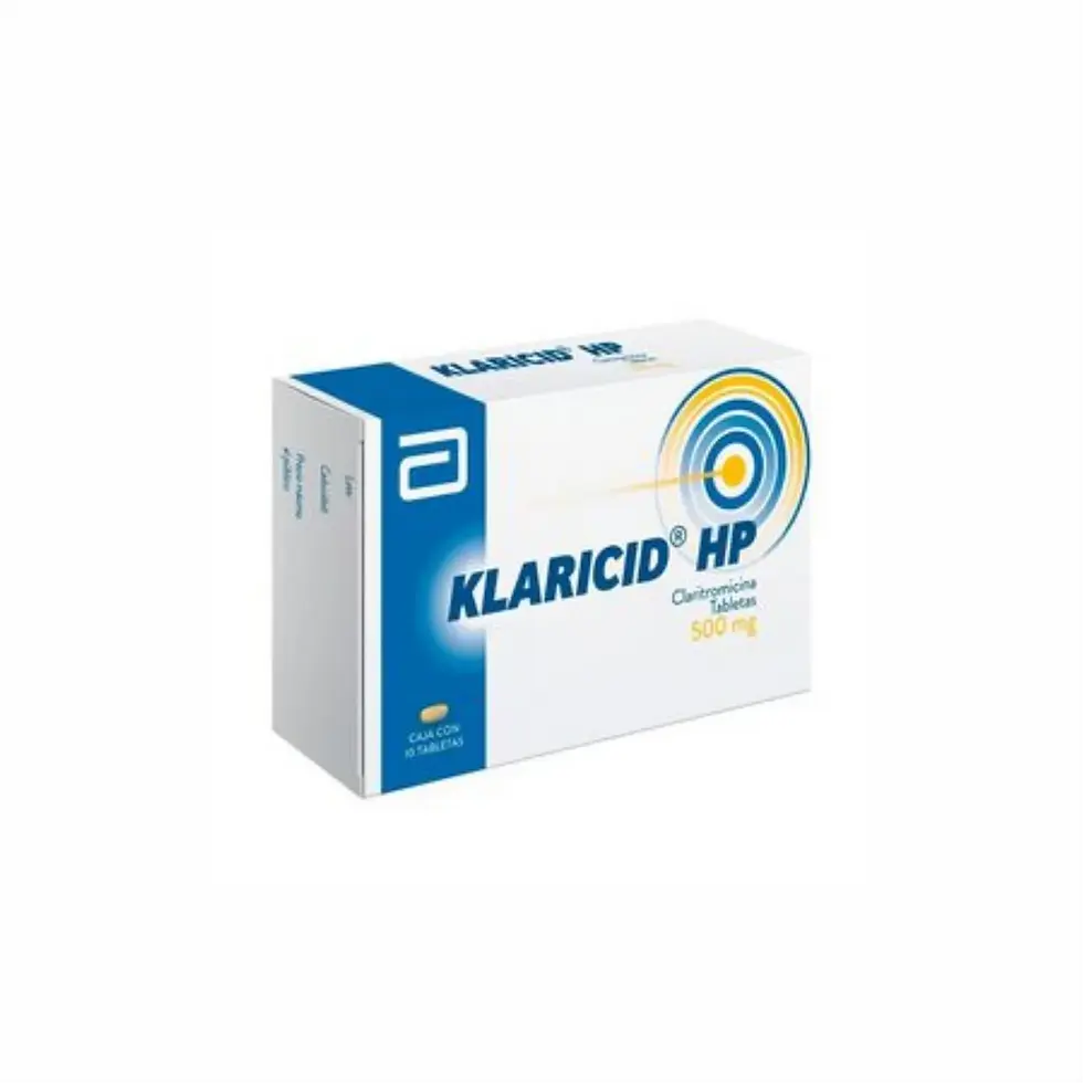 "Caja de Klaricid HP 500 mg con 10 tabletas recubiertas, antibiótico de claritromicina para infecciones respiratorias y gástr
