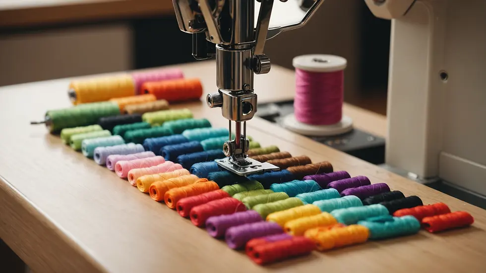 Close-up view of a sewing machine with colorful threads