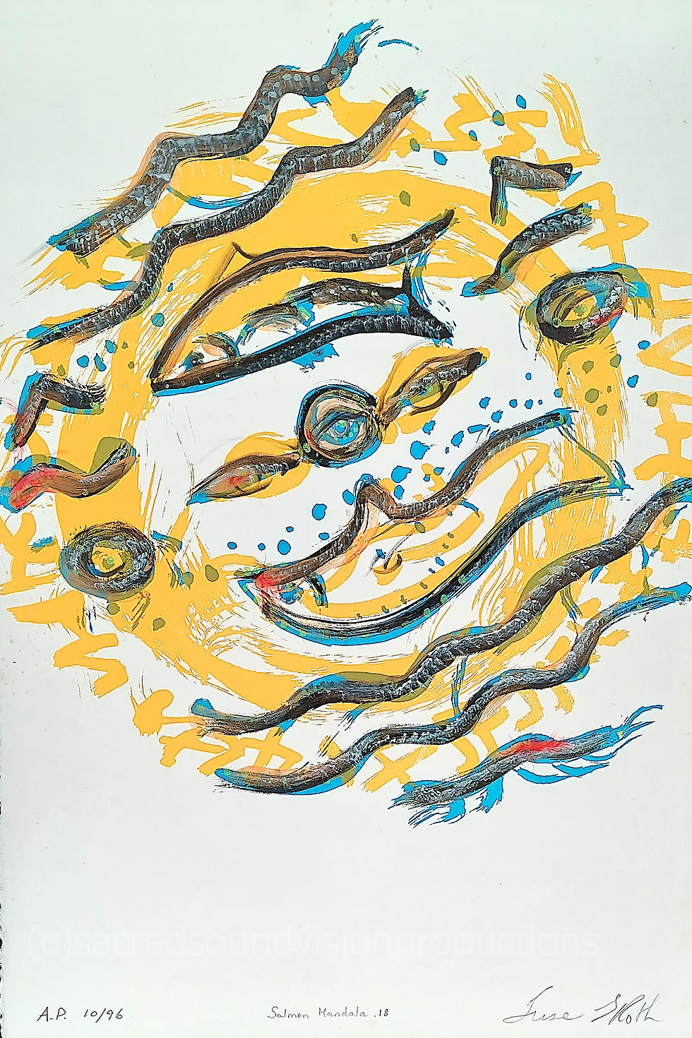 Salmon Mandala. Oct.1996. 15 x 22 inch. AP#18 mixed Media over silkscreen