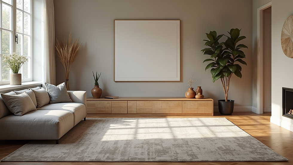 Eye-level view of a modern living room with a large patterned rug
