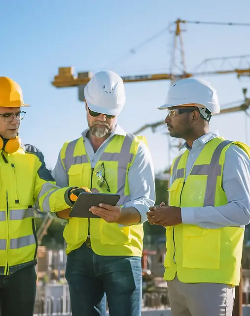Três engenheiros analisando projetos na Estevam Engenharia Mecânica, representando expertise e colaboração em engenharia mecânica.