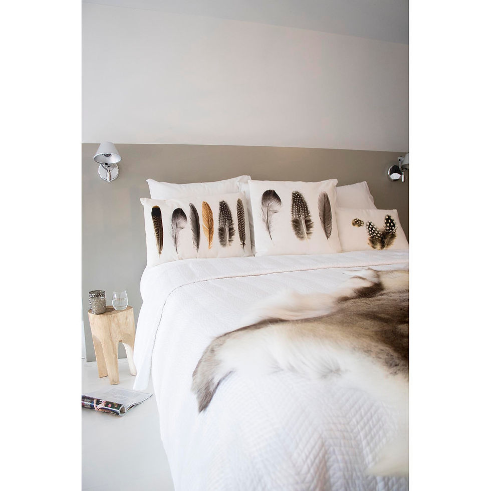 Thumbnail: Cream square pillow with three guinea fowl feathers and cream reverse