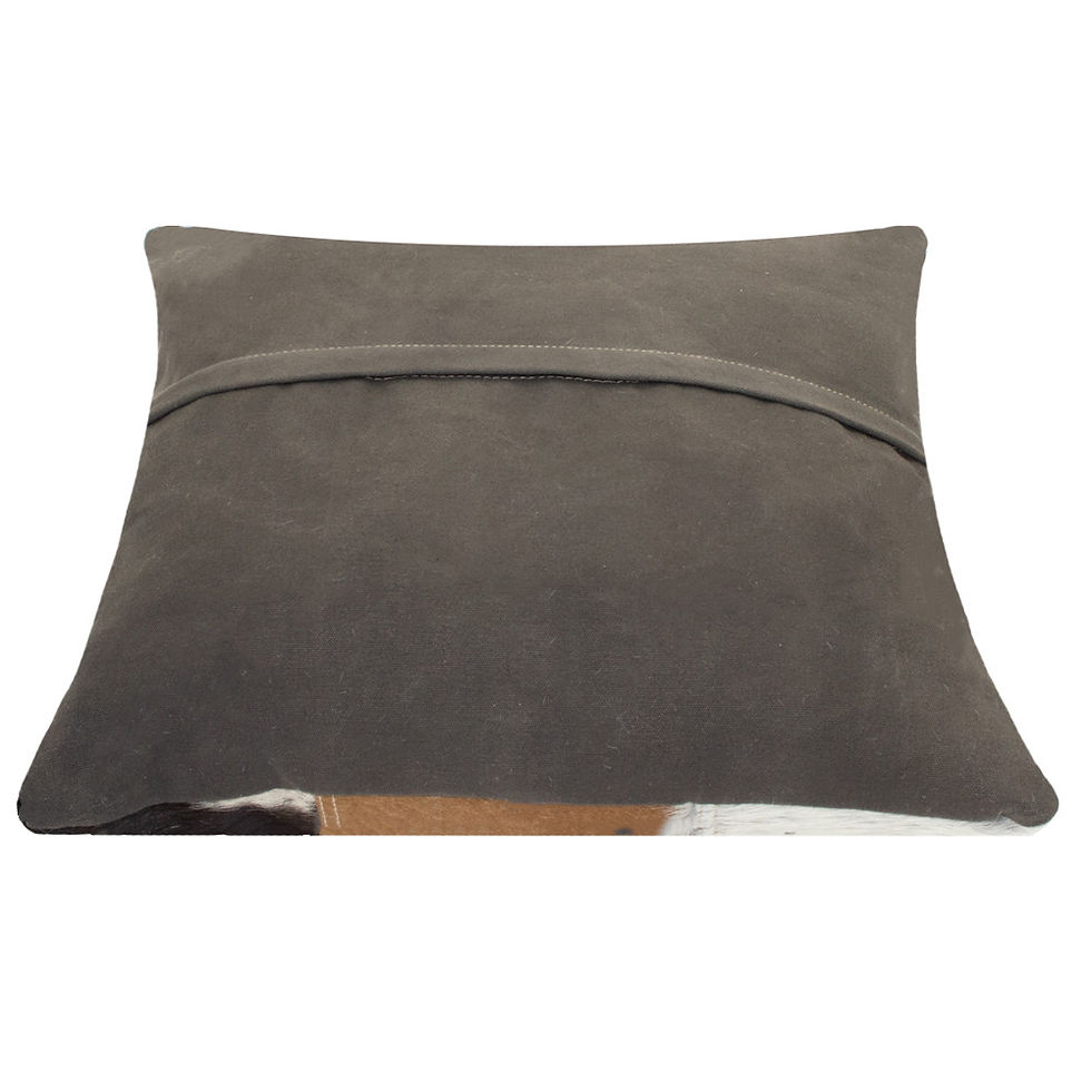 Thumbnail: Vintage cow cushion with cream, light tan and dark brown/black stripes to front and dark natural reverse