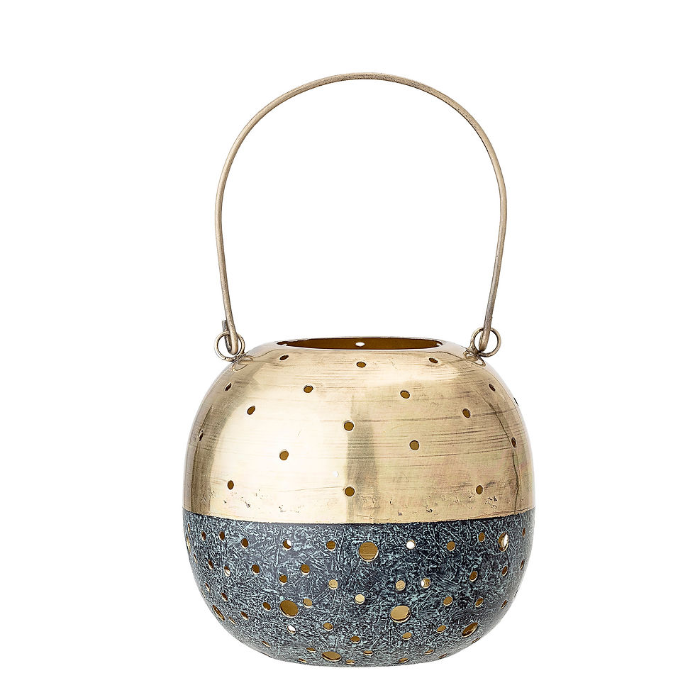 globe shaped tealight holder with handle grey to bottom half brass to top half and handle