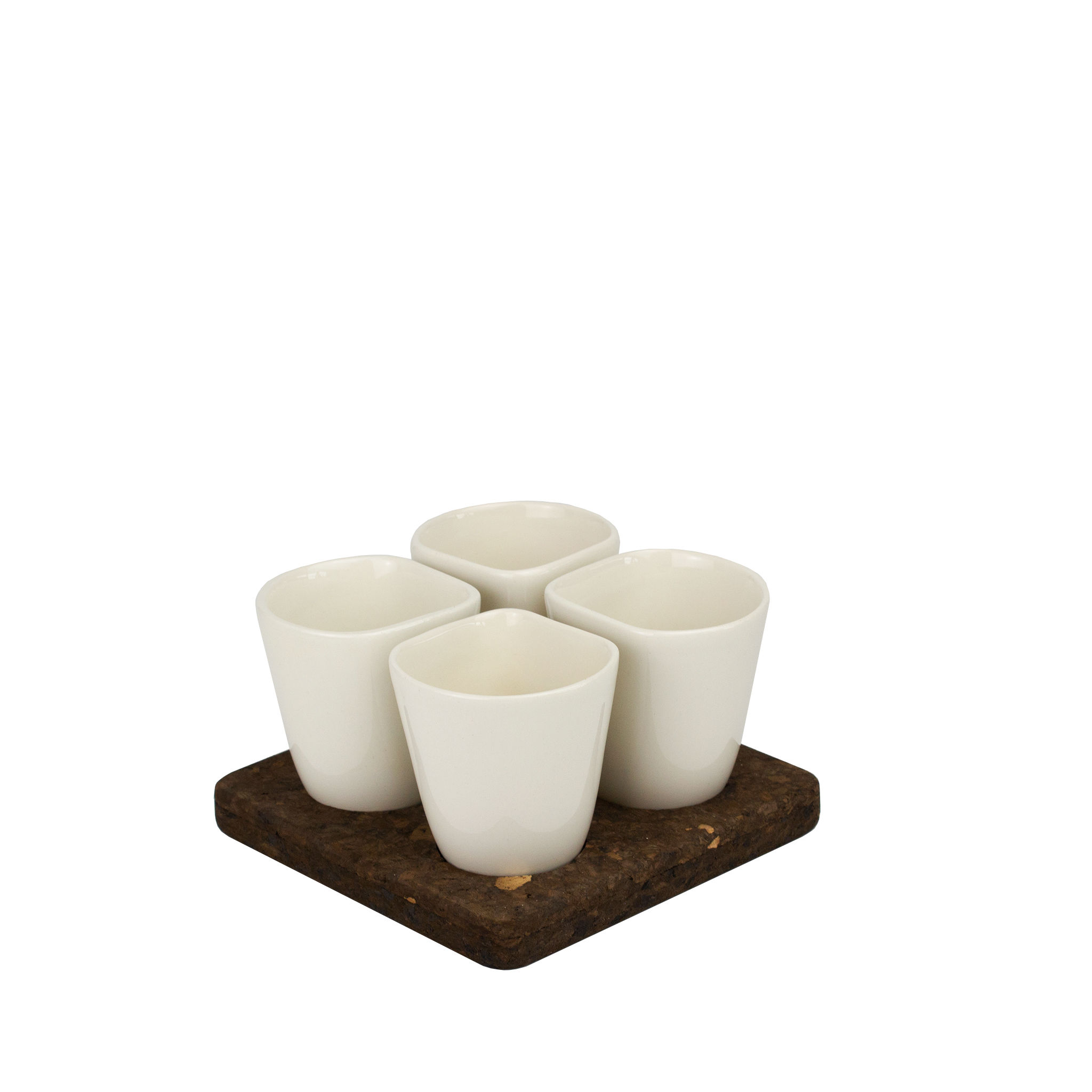 set of 4 white cups come with a dark cork base that acts as both a trivet and a tray.