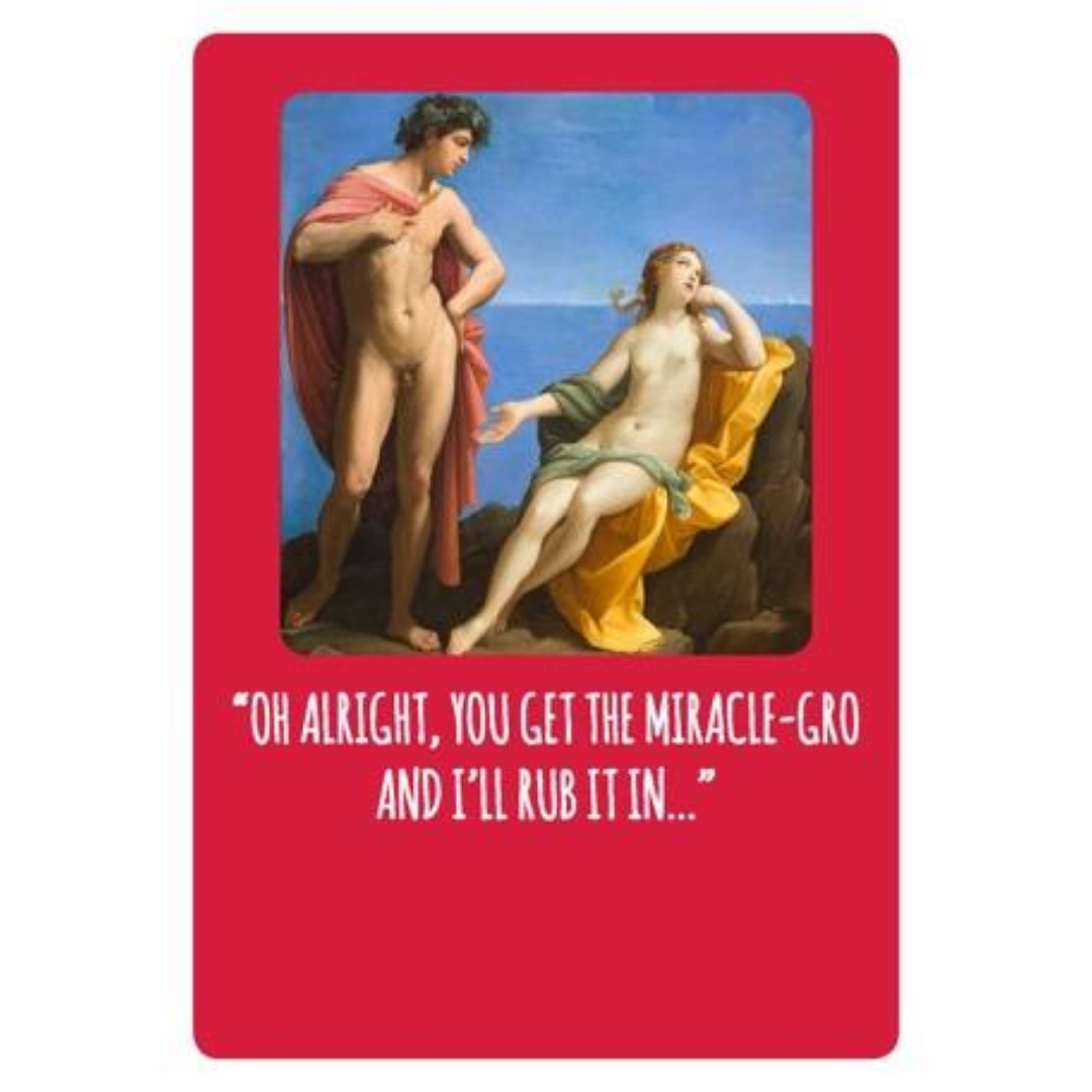 Funny card with red & old master painting with naked couple & wording Oh Alright you get the miracle grow & I'll rub it in