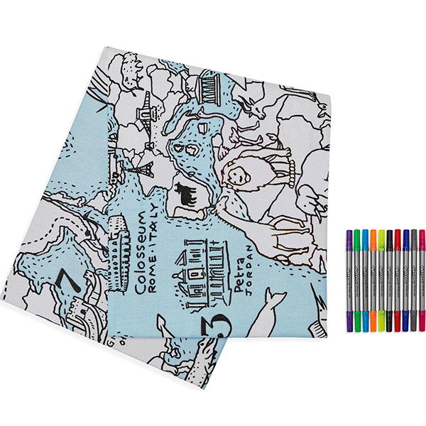 Keep the kids busy with this world map colour in tablecloth that can be machine washed and reused