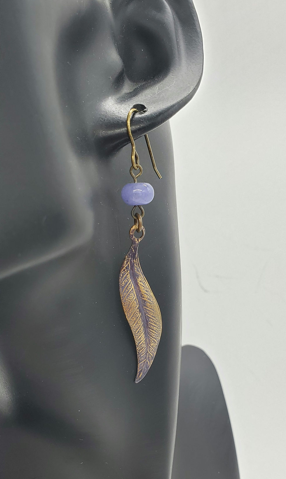 Thumbnail: Patinaed feather and lavender agate bead earrings 