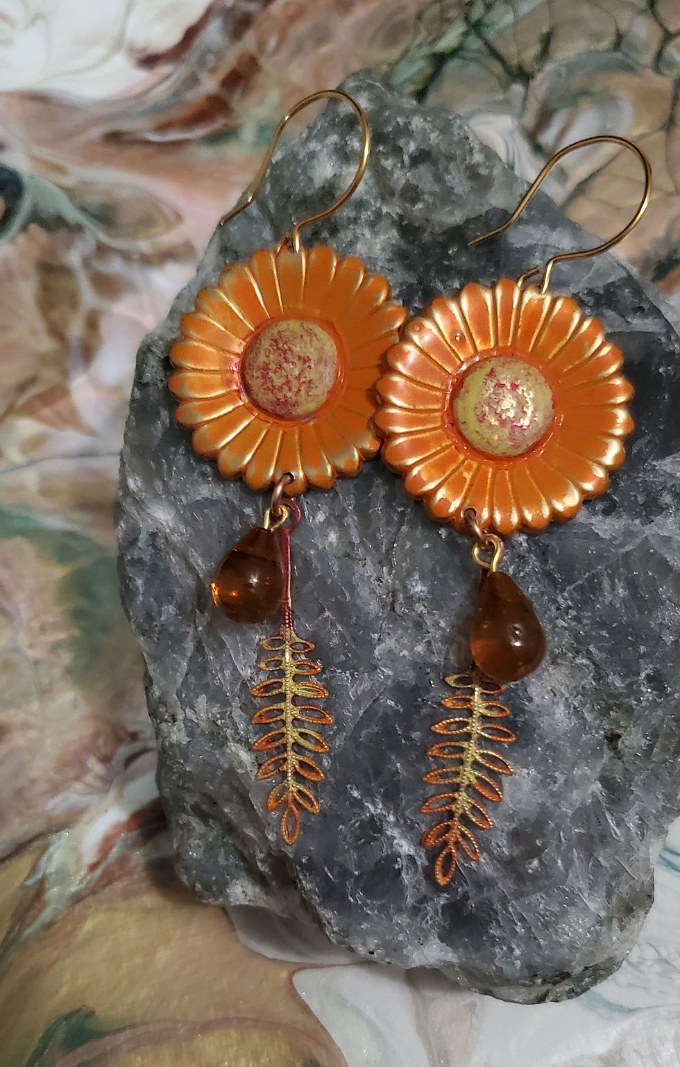 Thumbnail: Hand Painted sunflower and fern earrings 