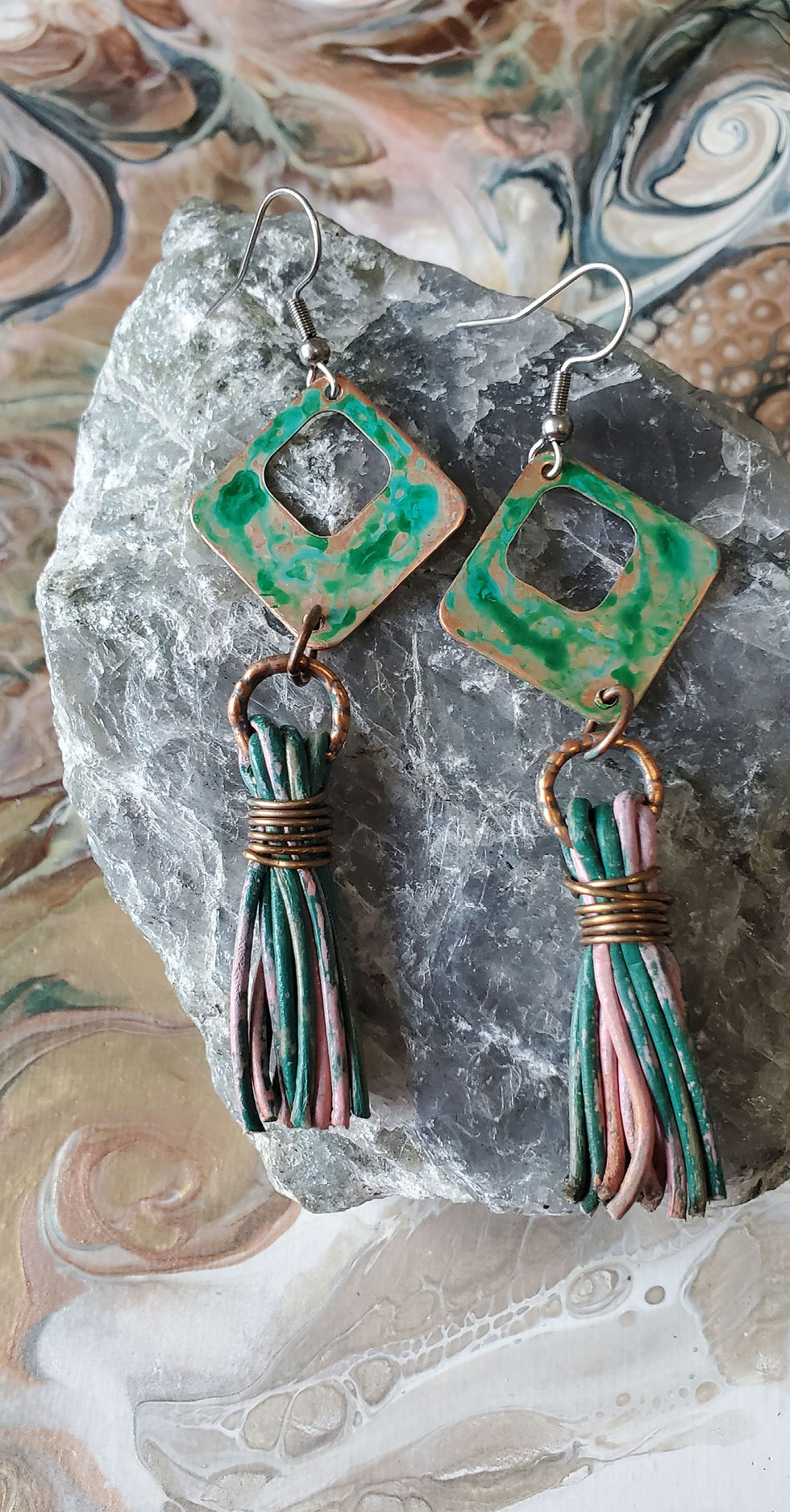 Thumbnail: Hammered copper and multi leather tassel earrings 