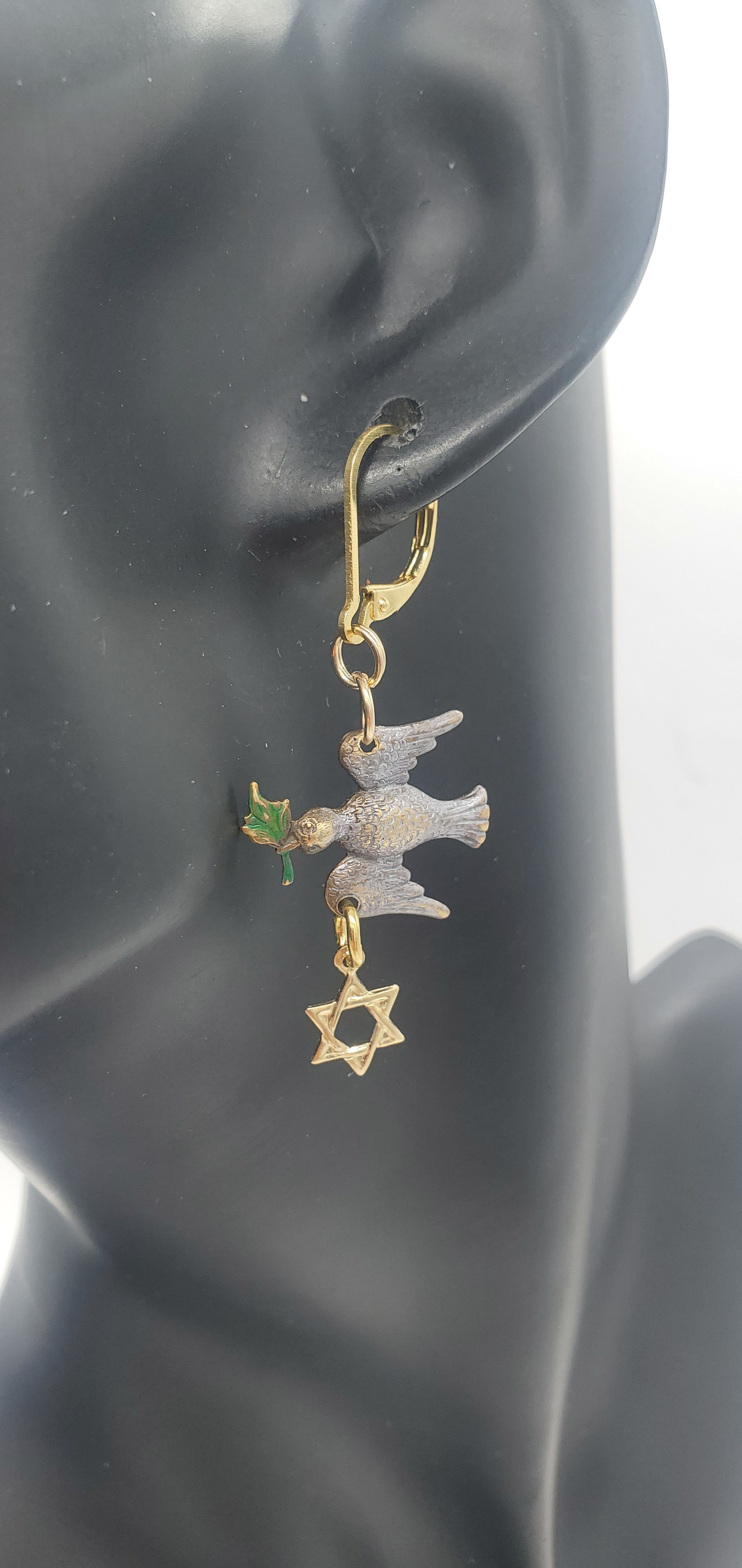 Peace dove and Star of David gold earrings 