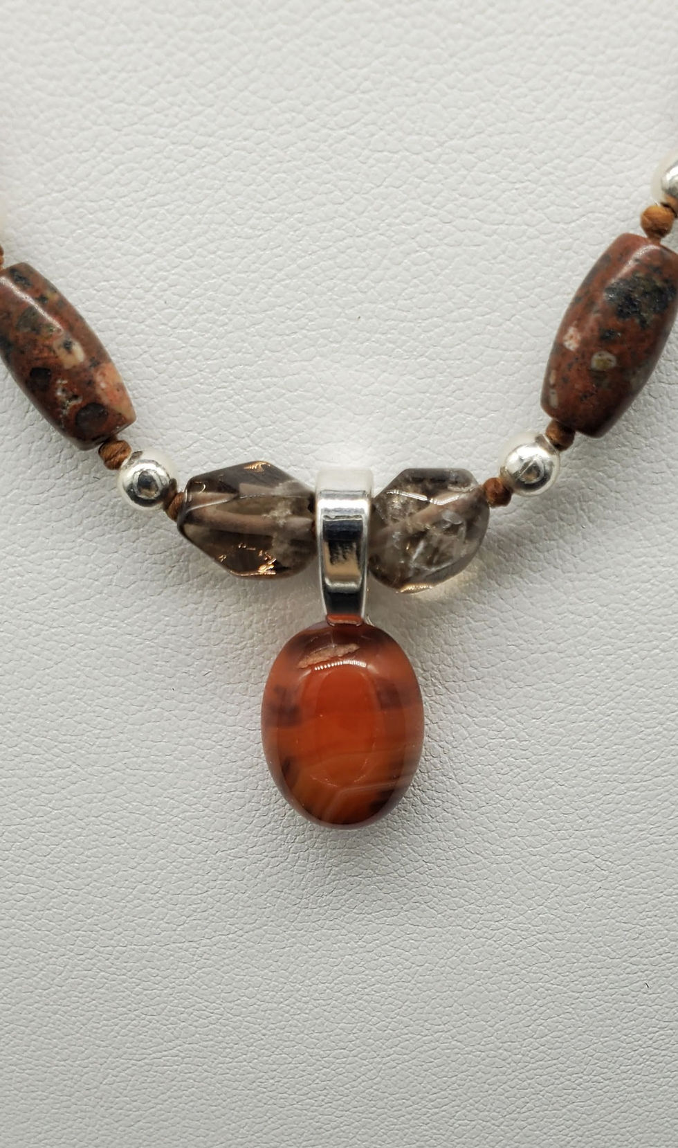 Thumbnail: Jasper and smoky quartz knotted cord necklace