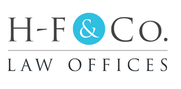 H-F & CO. LAW OFFICES logo in black and white and light blue.