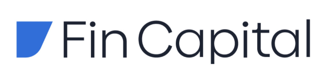 Fin Capital logo with blue shape and text Fin Capital, black background.