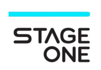 Stage One logo in black letters with a cyan line on the top.
