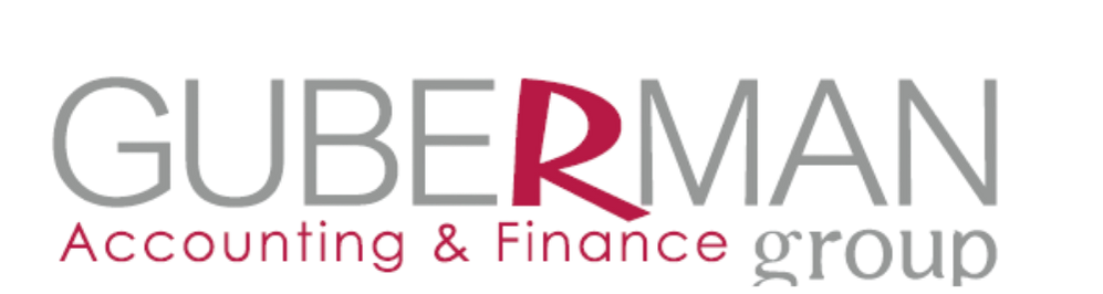 GUBERMAN accounting & finance group logo. Grey and red lettering on black background