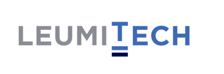 סמל LEUMITECH כחול ולבן על רקע שחור, לוגו העסק.