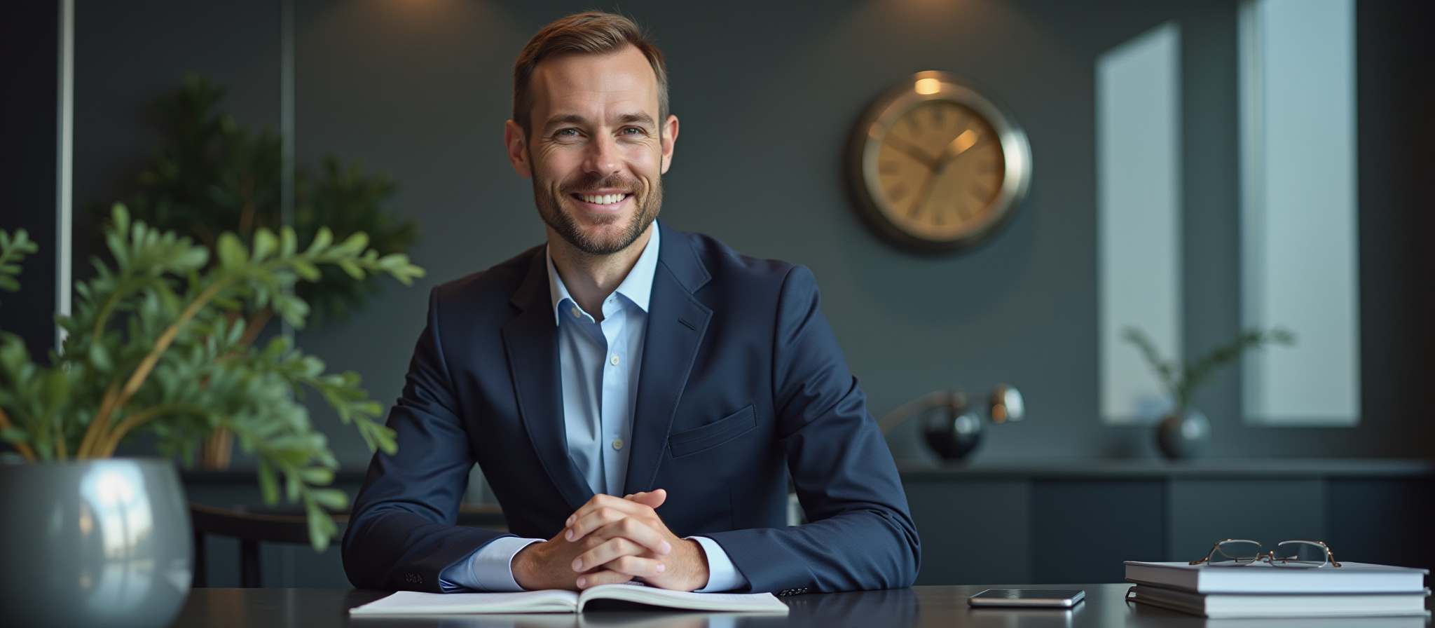 Smiling businessman in suit poses, office background, clock in focus. Lorenzo Advisory Group.