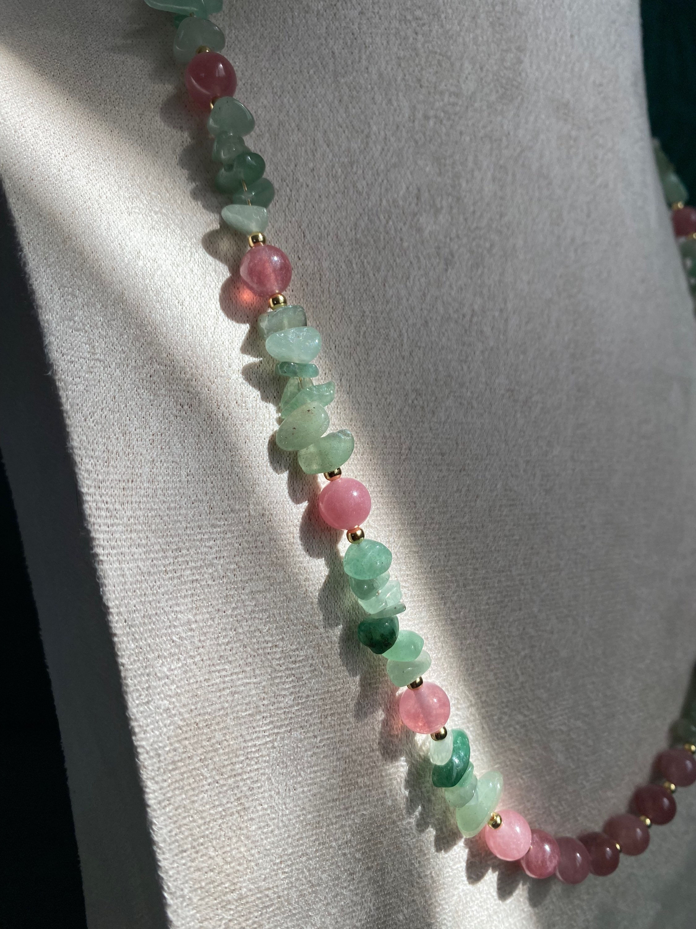 Collier Aventurine verte et Quartz fraise