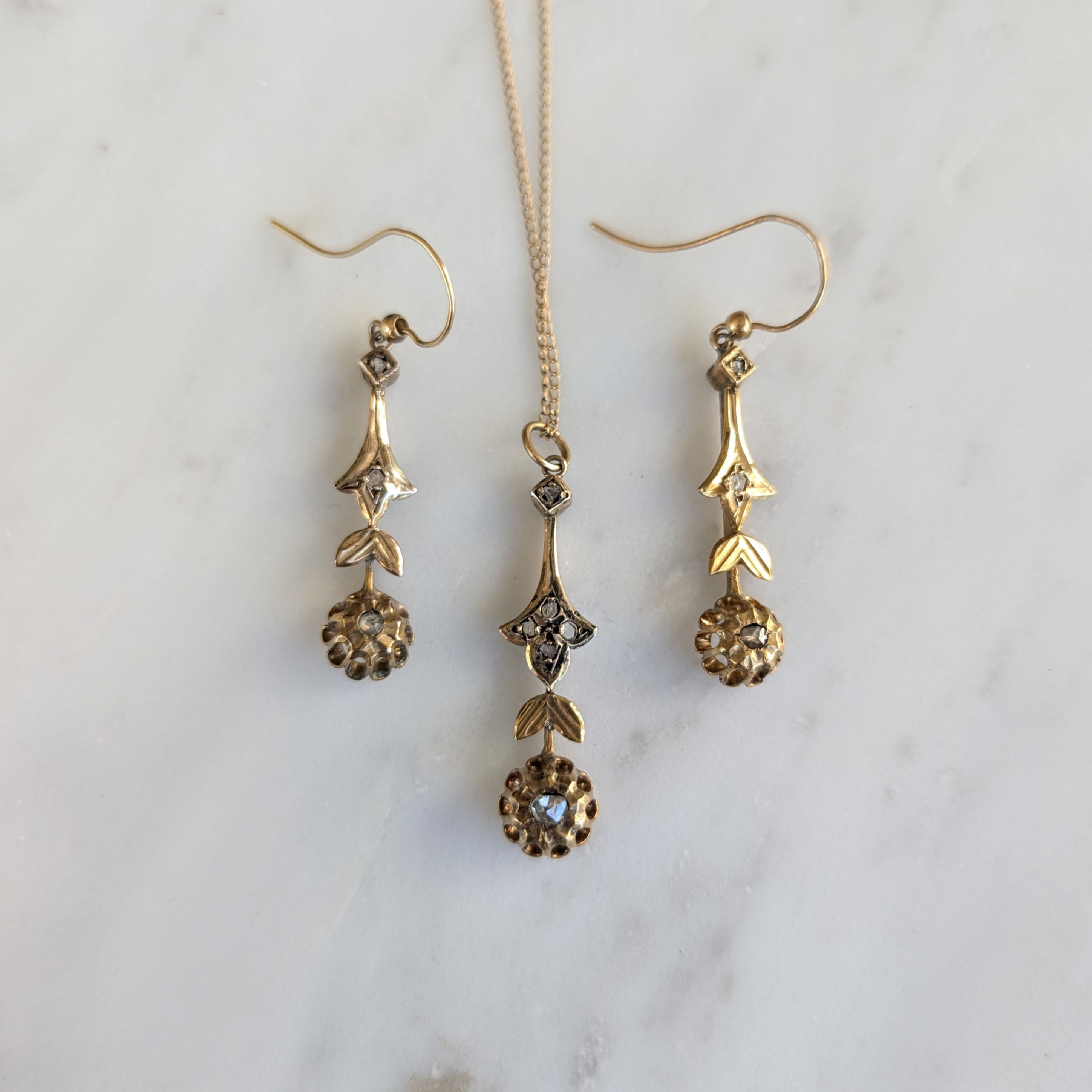 Victorian Earrings & Necklace Set 9k Gold & Diamonds