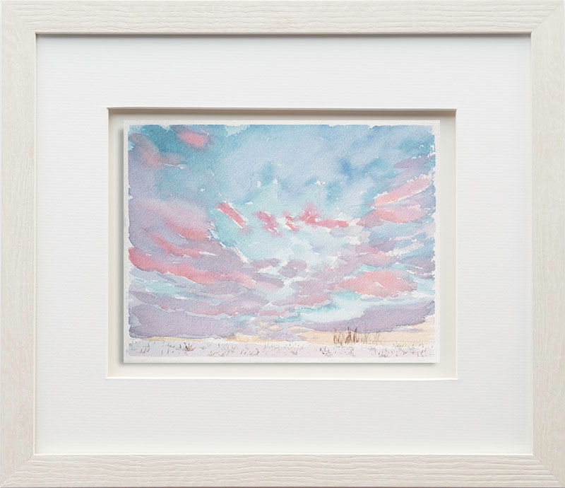 Watercolour on paper of February 07, 2020 with pink sunlit clouds contrasted against a robin's egg blue sky.